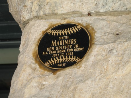 Ken Griffey Jr. has been the only player to hit a ball off the warehouse.  Here is the plaque which commemorates the spot.