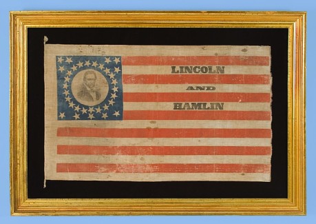 Lincoln & Hamlin campaign flag, notice the portrait of Lincoln in the top left
